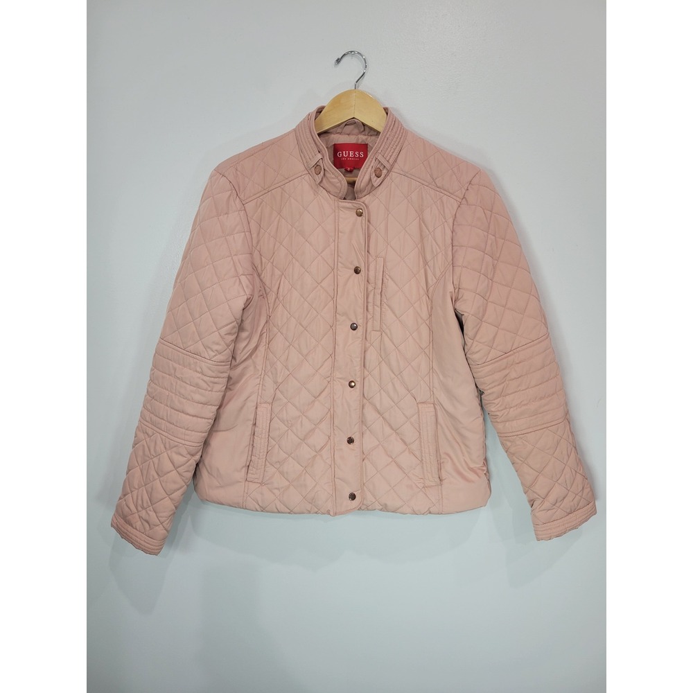 GUESS Quilted Jacket Pink Button Zip‎ Front Long Sleeve Women's XL